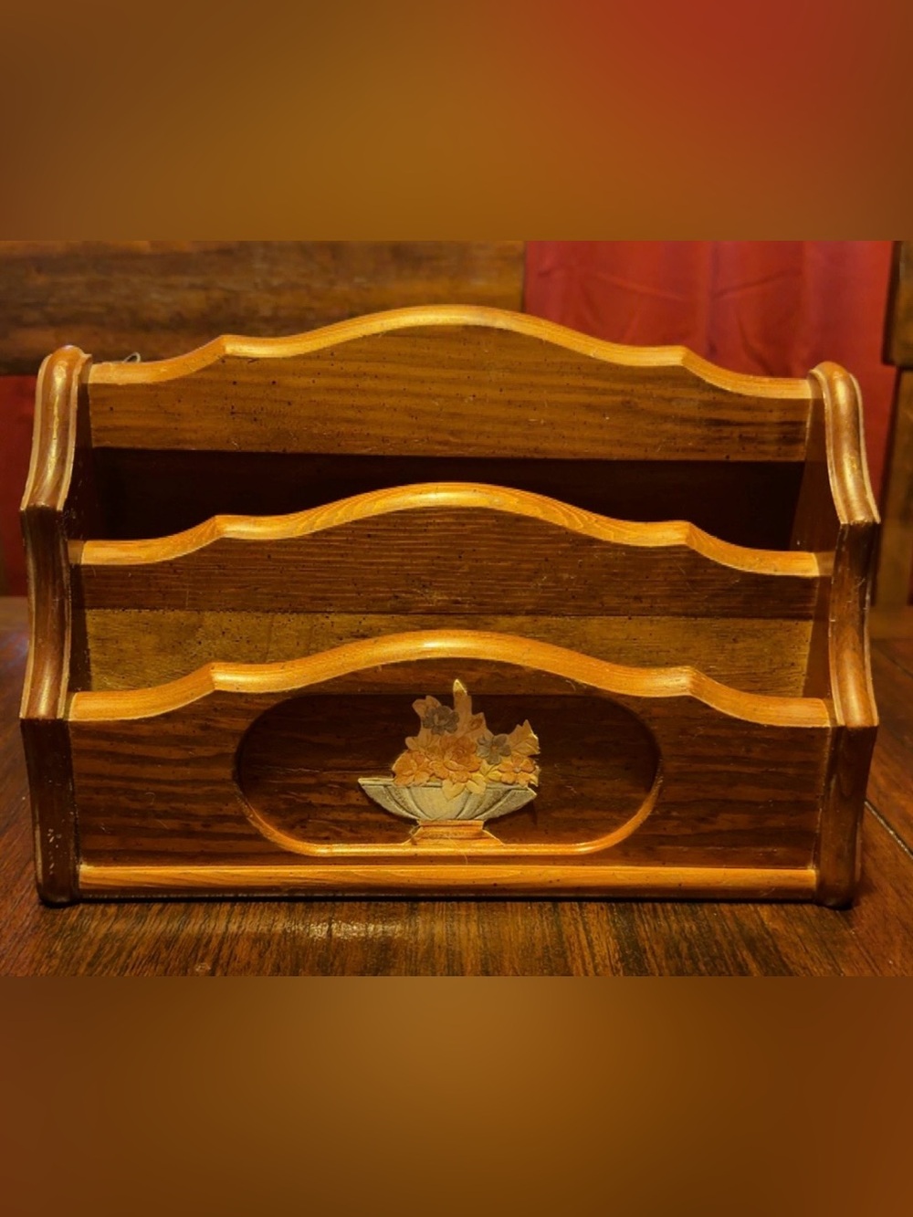 Vintage Wooden Mail Organizer with Floral Design Letter Holder